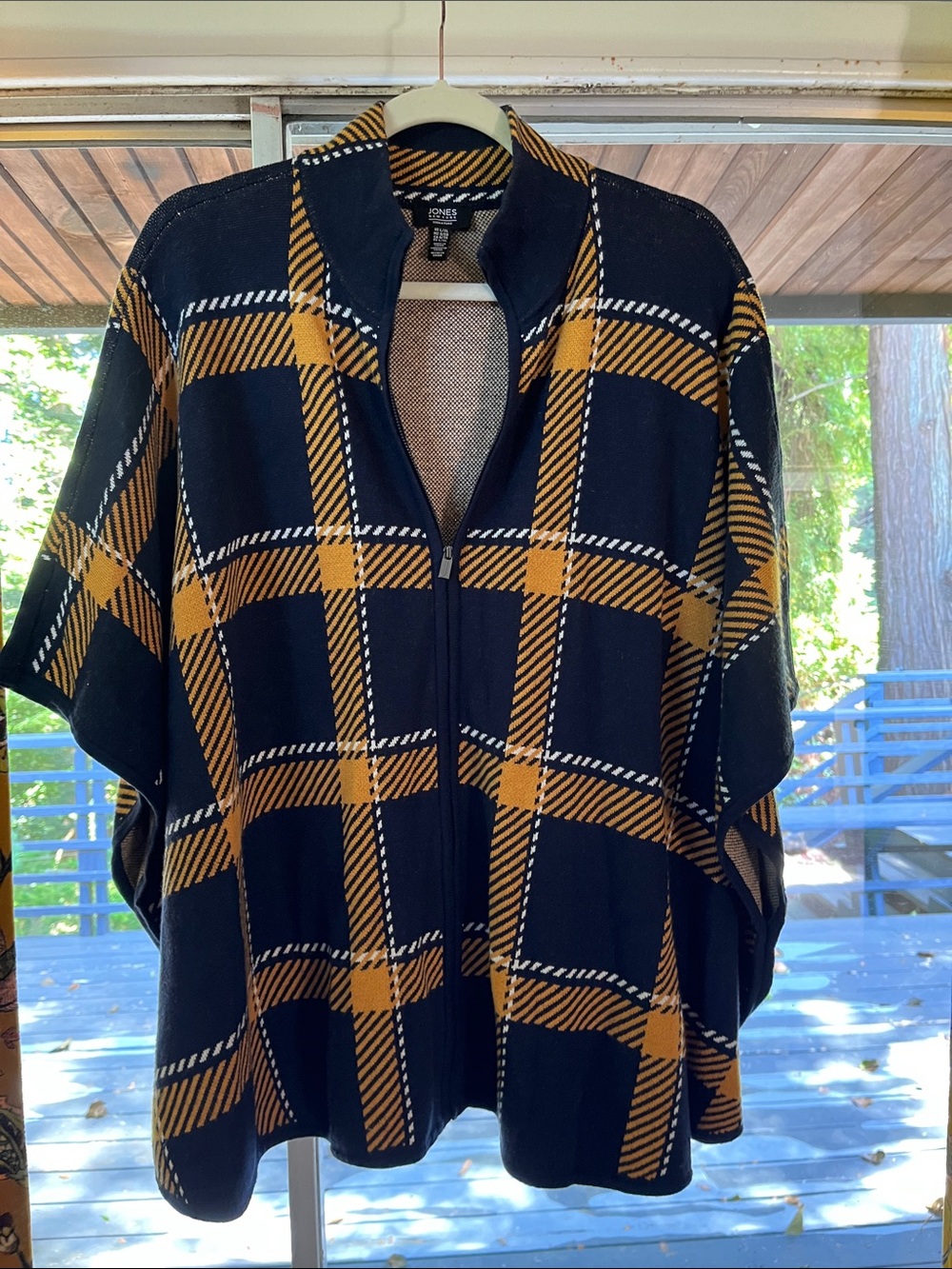 Jones New York Black and Mustard Plaid Zip-Front Cape